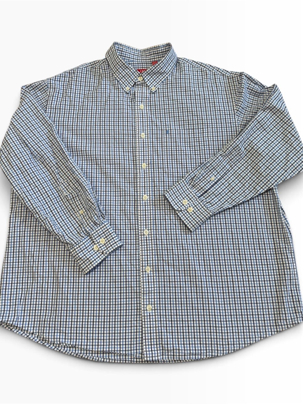 IZOD Men's Button Down Shirt 2XL Blue White Plaid Gingham Long Sleeve Pocket